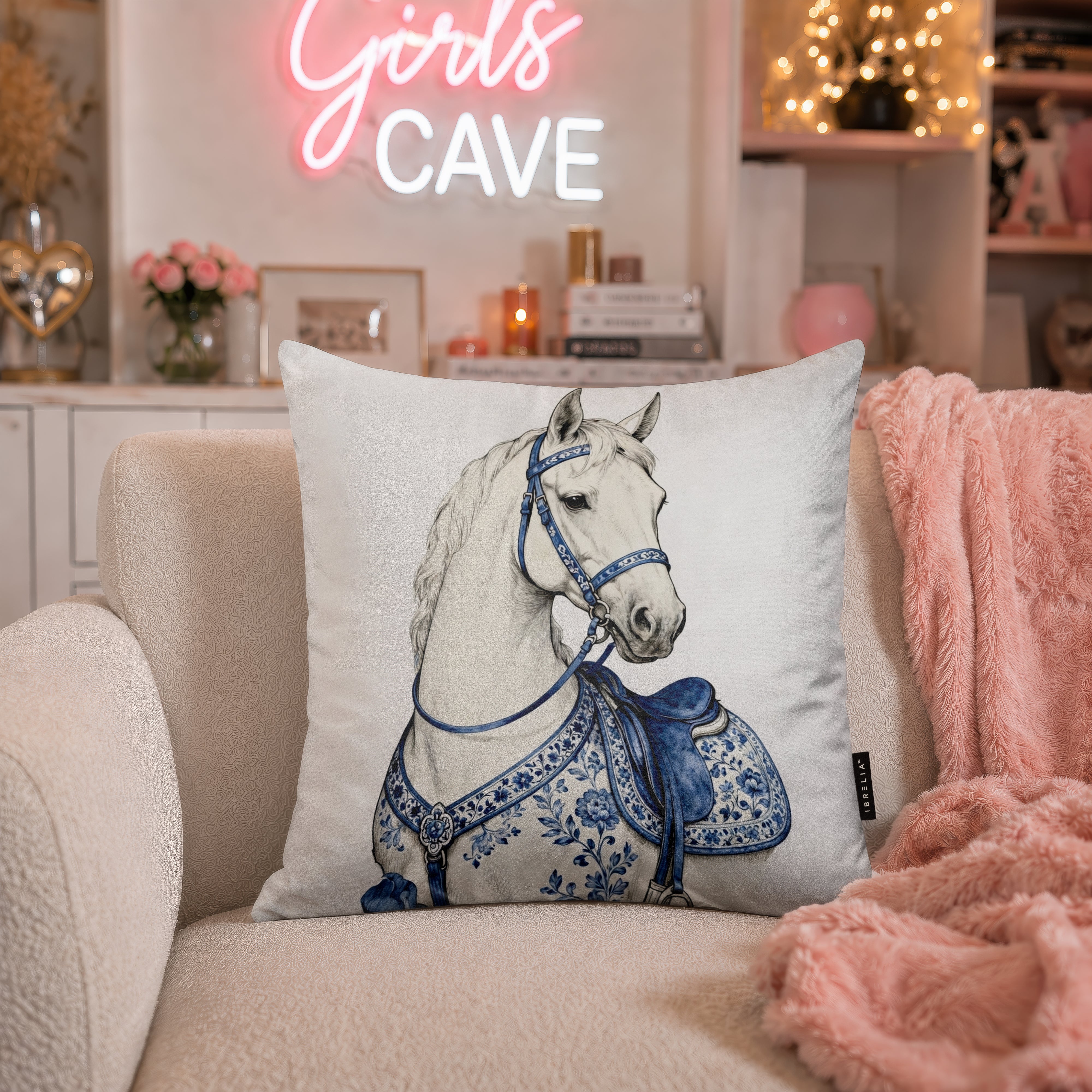 Royal Blue Horse Velvet Suede Decorative Cushion | Premium Double-Sided Print
