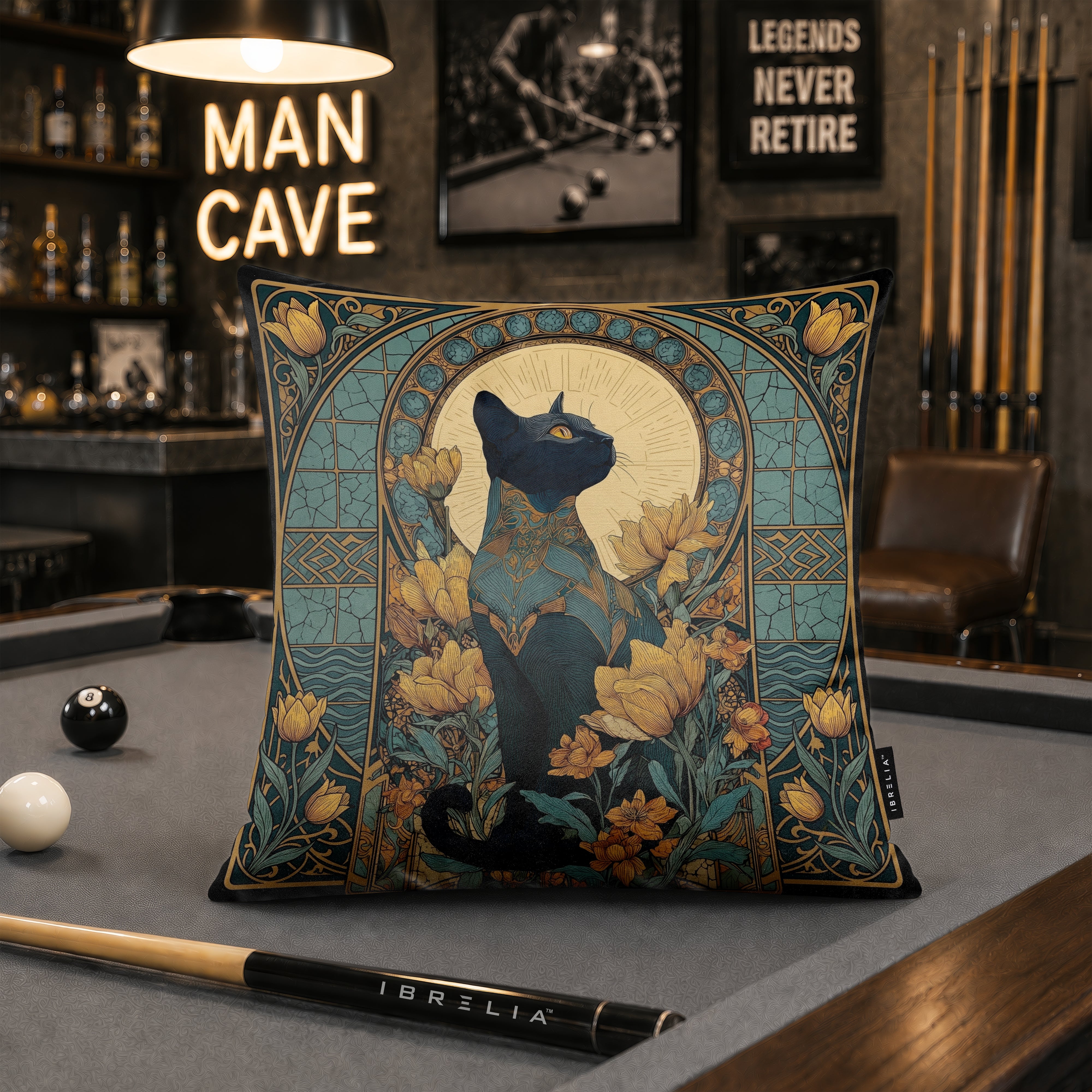 Art Nouveau Black Cat Cushion | Premium Velvet Suede | Double-Sided Print