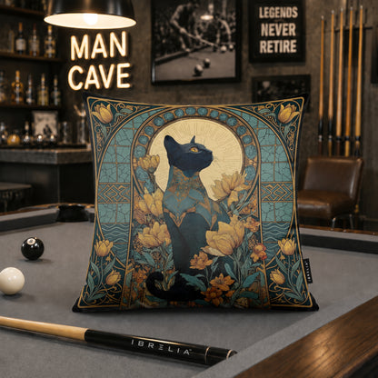 Art Nouveau Black Cat Cushion | Premium Velvet Suede | Double-Sided Print