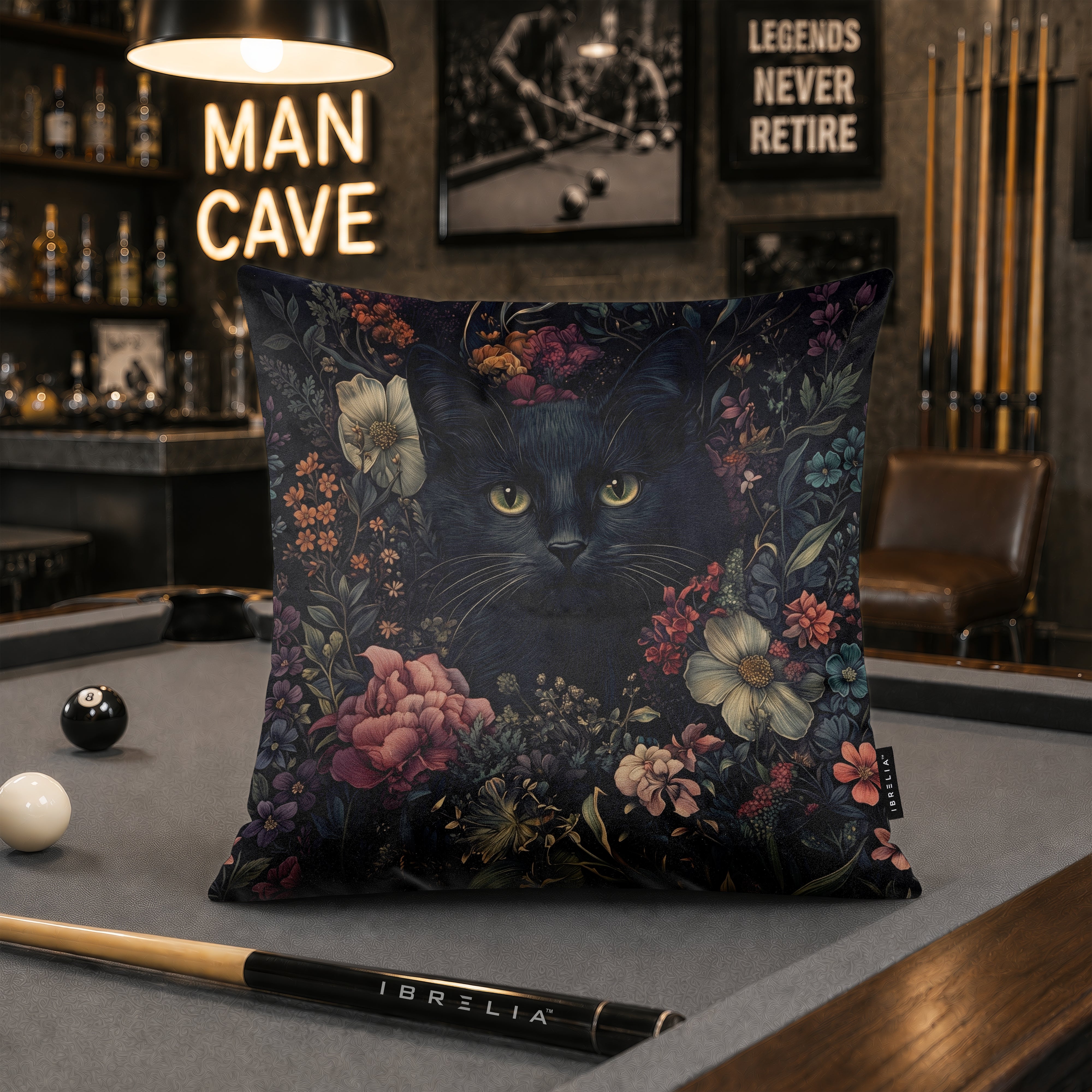 Midnight Floral Black Cat Cushion | Premium Velvet Suede | Double-Sided Print