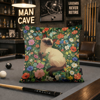 Sleeping Siamese Cat Floral Cushion | Premium Velvet Suede | Double-Sided Print