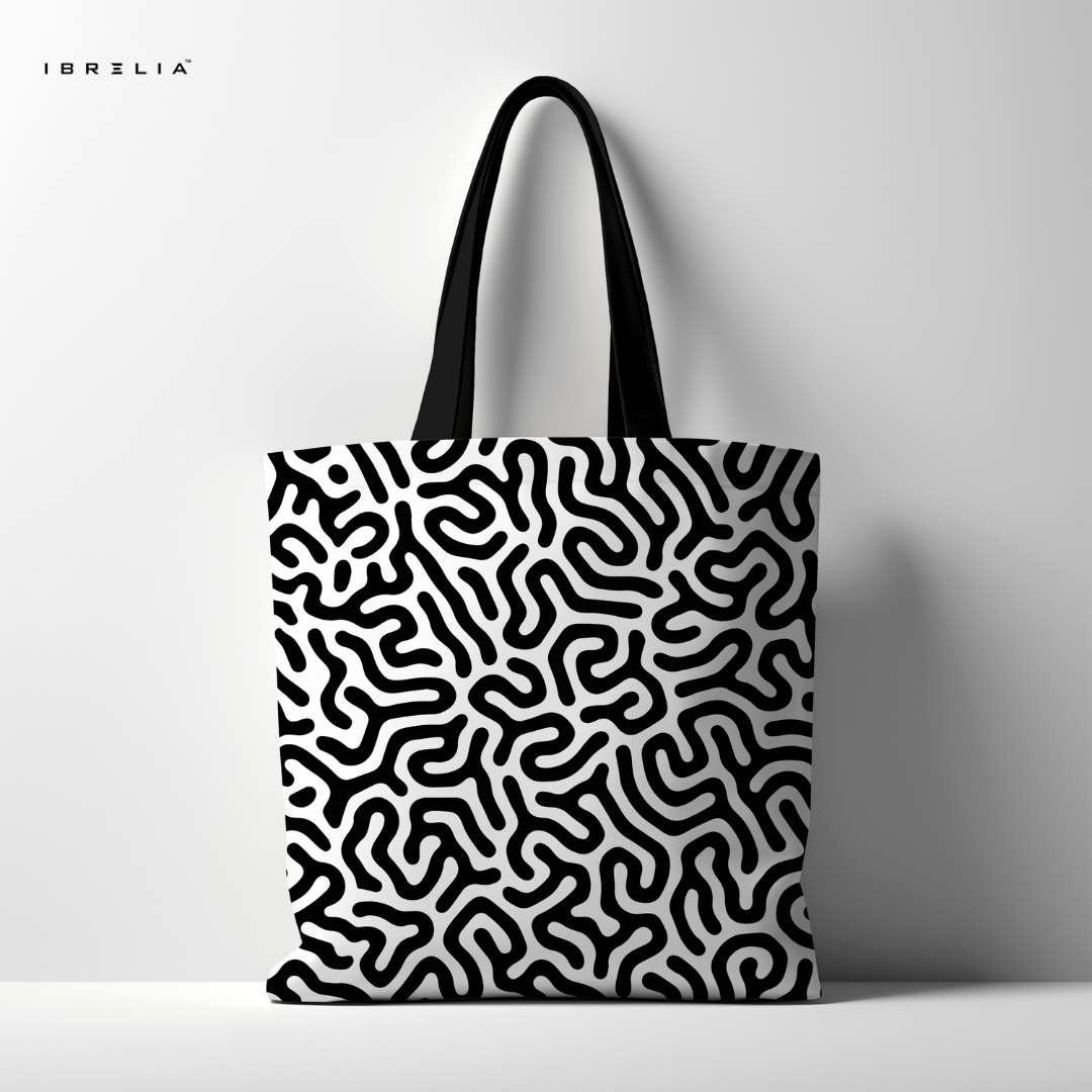 IBRELIA™ Black & White Organic Pattern Premium Jute Tote Bag with Velvet Handles & Inner Zip Pocket IBRELIA