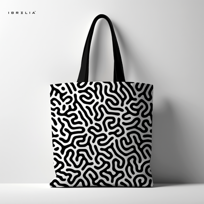 IBRELIA™ Black & White Organic Pattern Premium Jute Tote Bag with Velvet Handles & Inner Zip Pocket IBRELIA