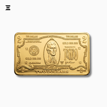 United States Two Dollar Gold-Tone Collectible Bar | Double-Sided Embossed Miniature Display Piece