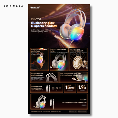 REMAX RM-706 Gaming Wired Headphones | RGB Lights | Noise-Reducing Mic | Lightweight Gaming Comfort | IBRELIA™