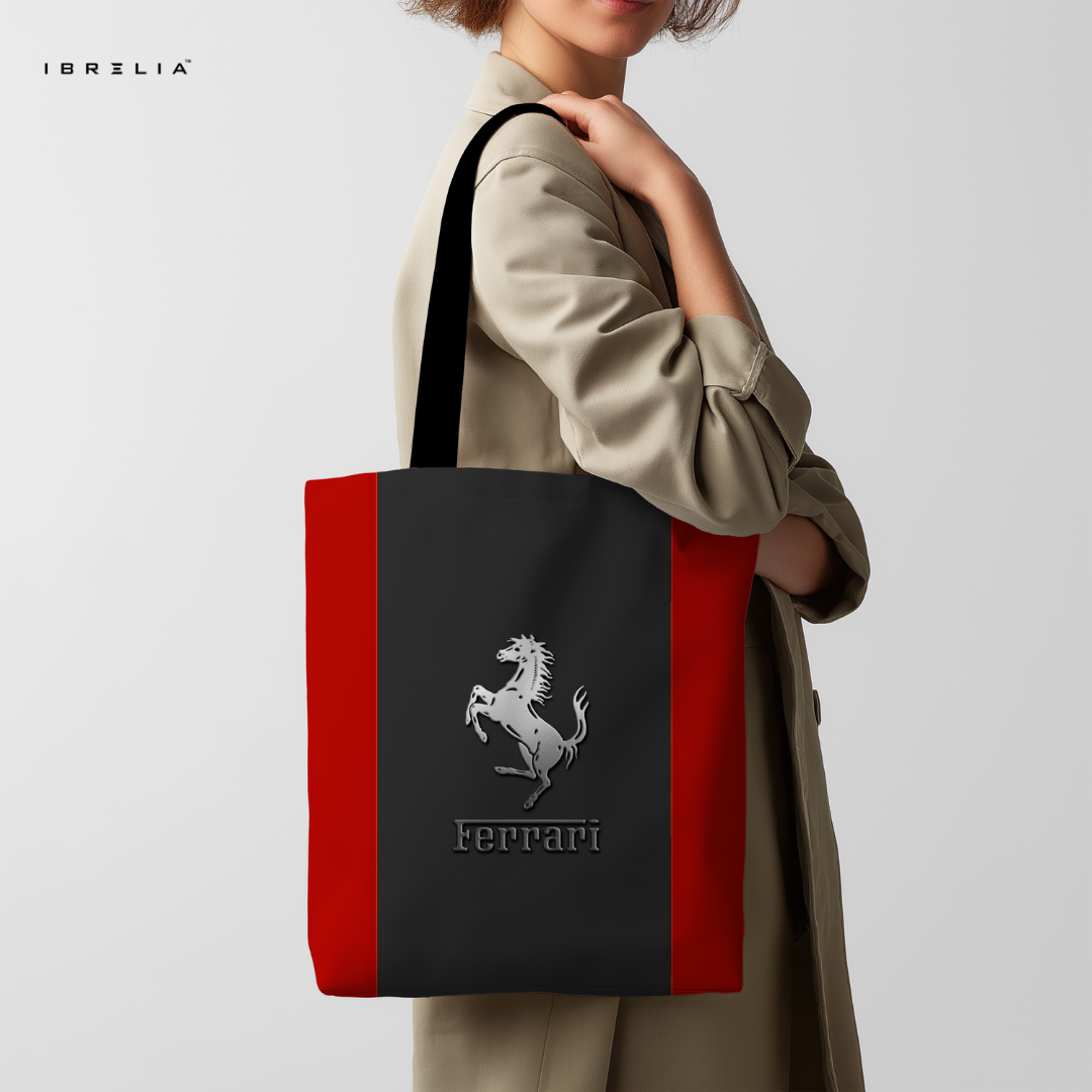 IBRELIA™ Racing Stripe Luxury Tote Bag – Black & Red Premium Jute Tote with Velvet Handles IBRELIA