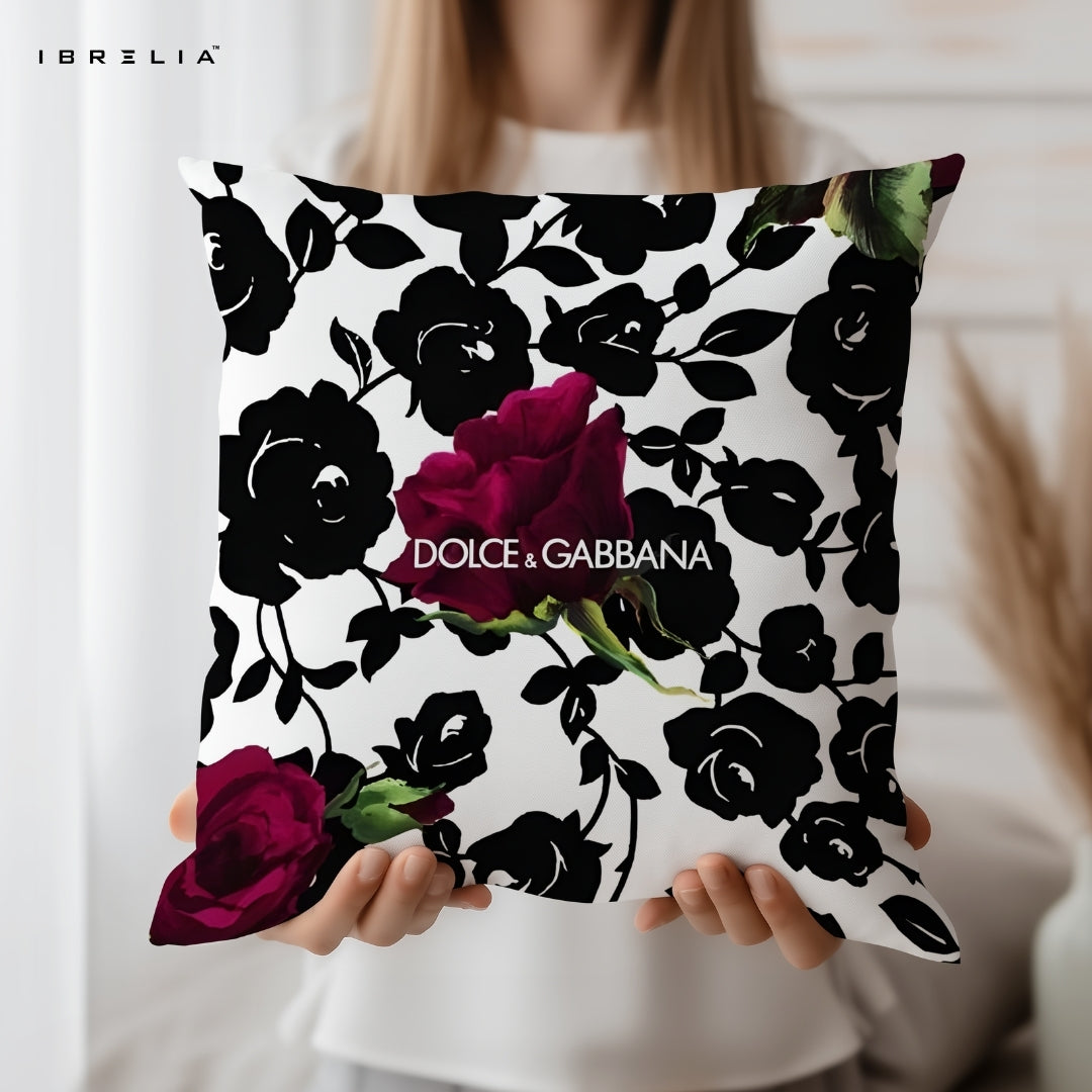 Black & White Floral Cushion 15x15 Inch | Luxury Rose Pattern Designer Pillow | IBRELIA™ IBRELIA