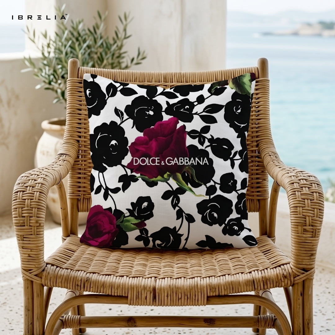 Black & White Floral Cushion 15x15 Inch | Luxury Rose Pattern Designer Pillow | IBRELIA™ IBRELIA