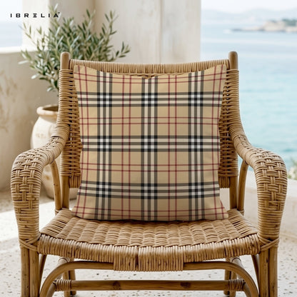 Classic Beige Checkered Cushion – 15x15 Inch Decorative Pillow | Elegant Plaid Cushion | Double-Sided Print | Premium Fibre Filling | IBRELIA™ IBRELIA