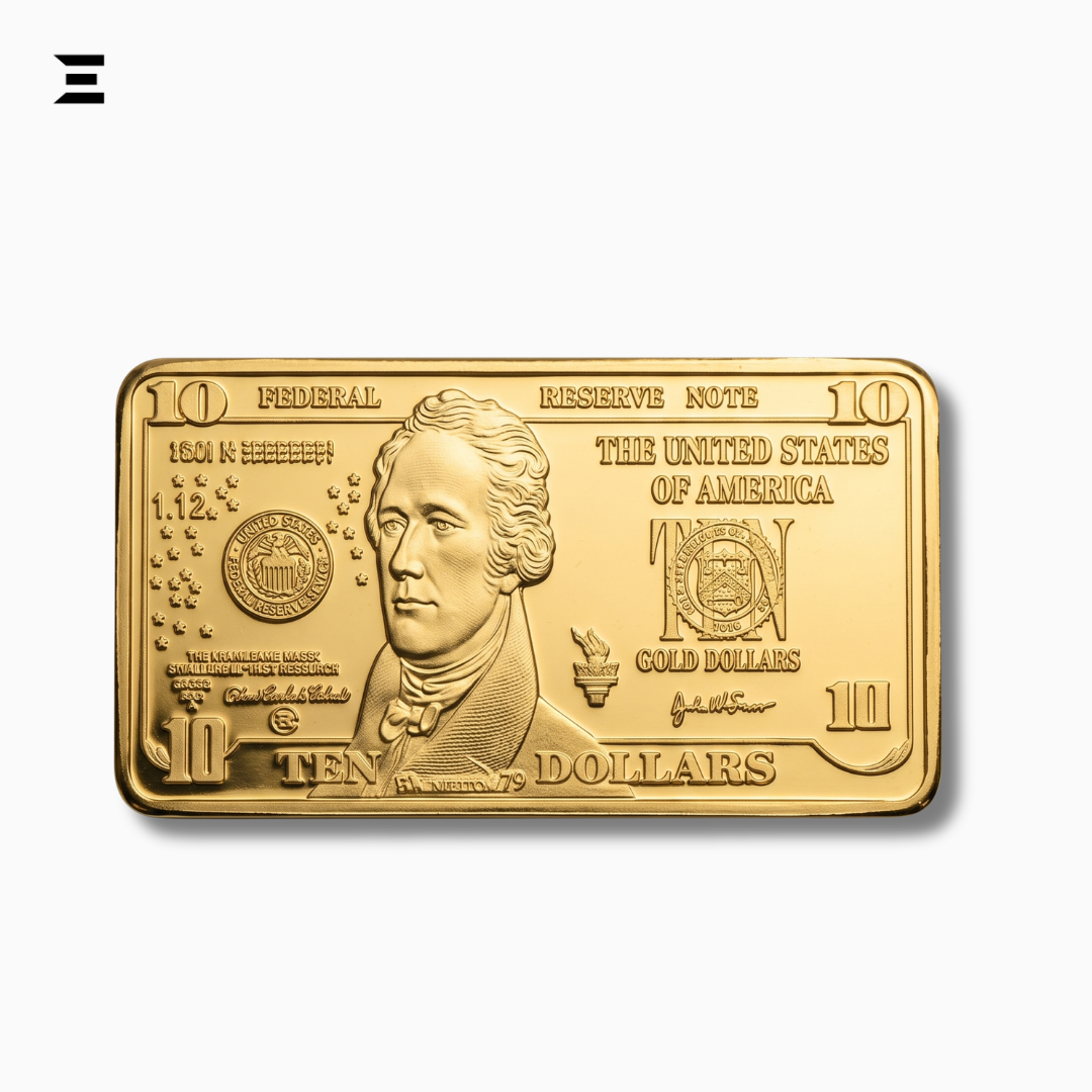United States Ten Dollar Gold-Tone Collectible Bar | Double-Sided Embossed Miniature Display Piece