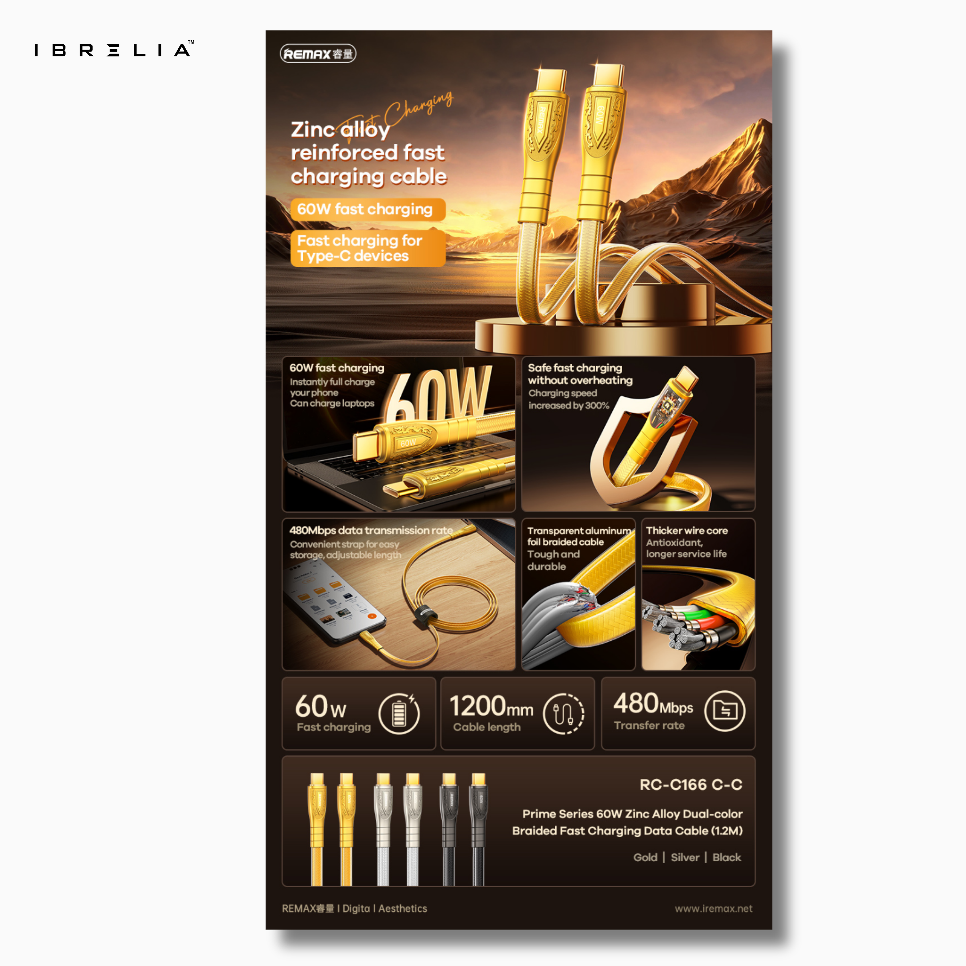 REMAX RC-C166 60W Zinc Alloy Fast Charging Cable (Type-C to Type-C) | Transparent Design | 1.2M Durable Cable | IBRELIA™