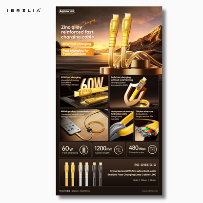 REMAX RC-C166 60W Zinc Alloy Fast Charging Cable (Type-C to Type-C) | Transparent Design | 1.2M Durable Cable | IBRELIA™