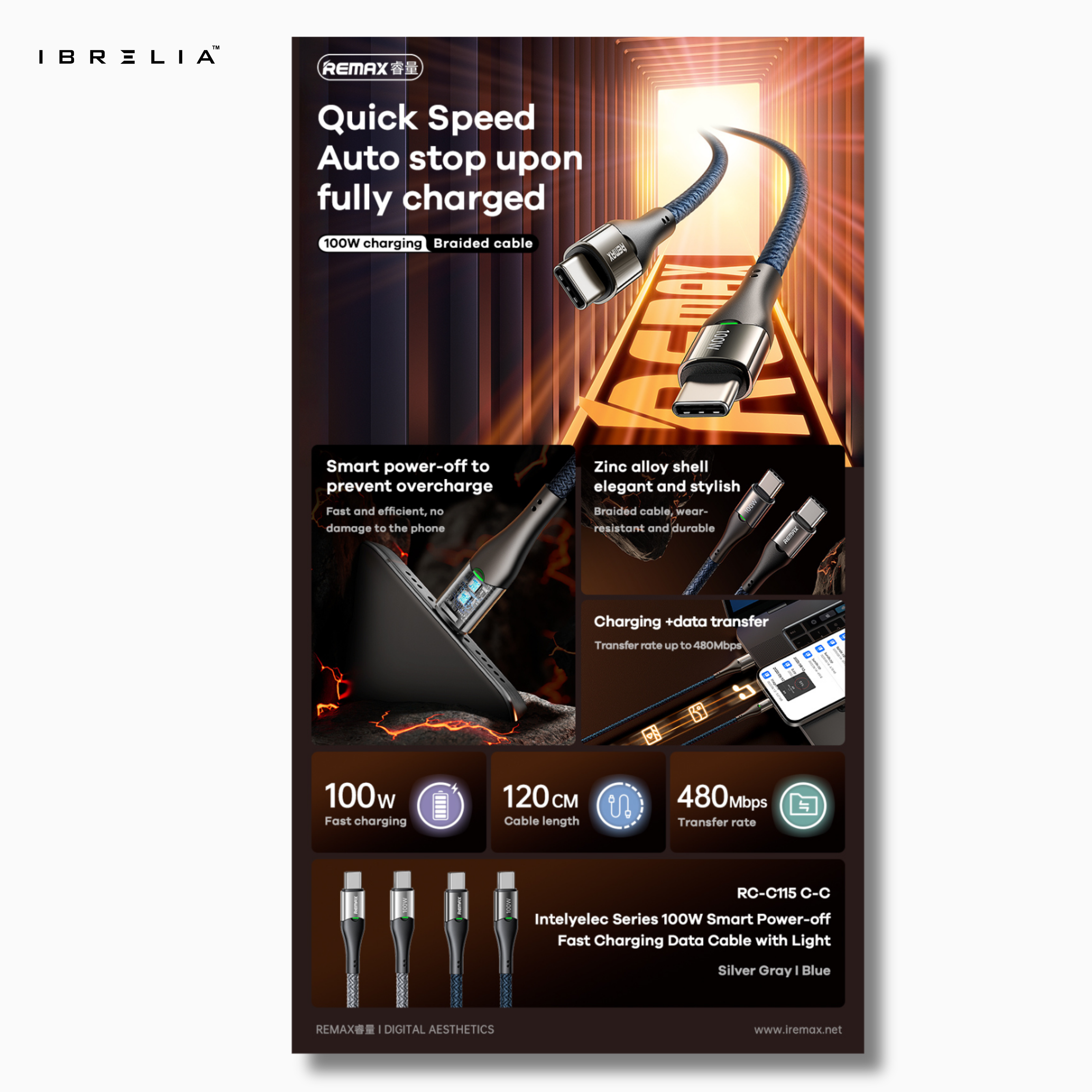 REMAX Intelyelec RC-C115 100W Smart Power-Off Cable (Type-C to Type-C) | Fast Charging | LED Indicator | IBRELIA™