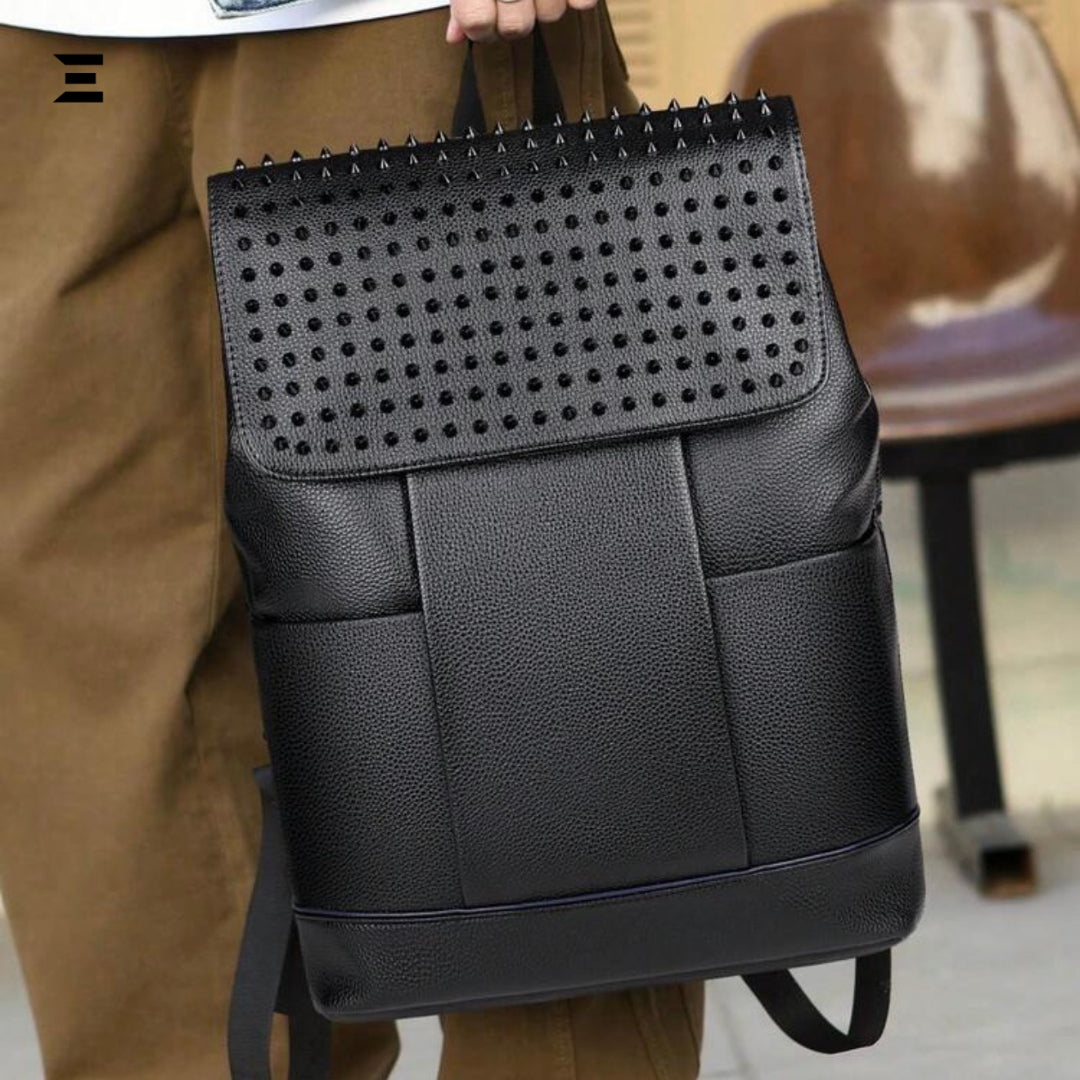 IBRELIA™ Men’s Black Studded Backpack | Premium PU Leather, Lightweight Travel & Office Bag
