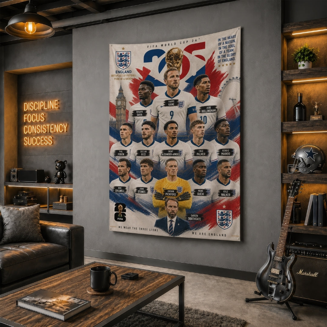 England National Team – FIFA World Cup 2026 Squad – Premium Jute Fabric Tapestry – IBRELIA™