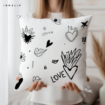 Minimal Love Doodle Cushion – 15x15 Inch Decorative Pillow | Black & White Artistic Cushion | Double-Sided Print | Premium Fibre Filling | IBRELIA™ IBRELIA