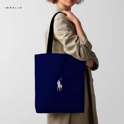 IBRELIA™ Navy Blue Classic Polo Tote Bag – Minimal Luxury Jute Tote with Velvet Handles & Inner Zip Pocket IBRELIA