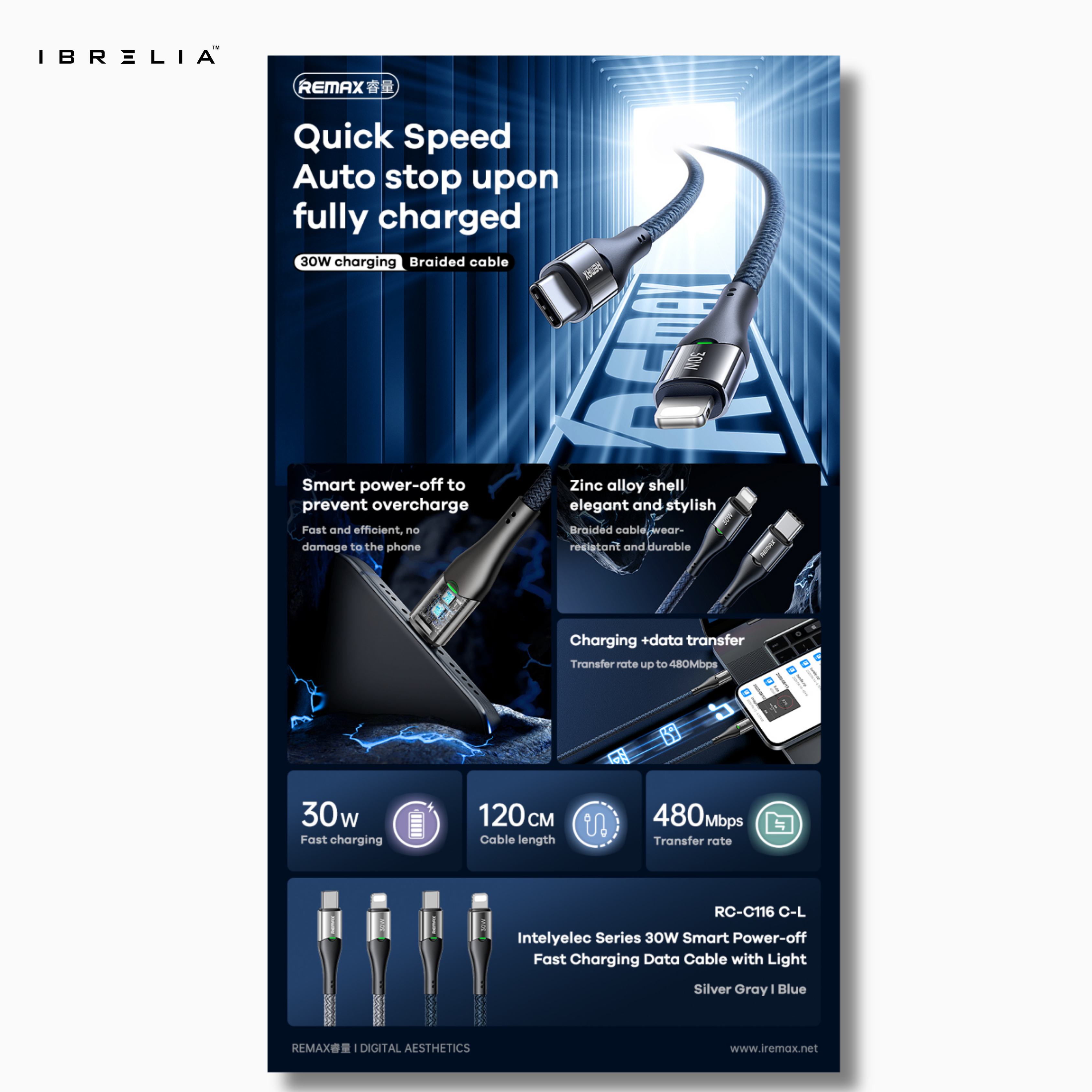 REMAX Intelyelec RC-C116 30W Smart Power-Off Cable (Type-C to Lightning) | Fast Charging for iPhone | LED Indicator | IBRELIA™