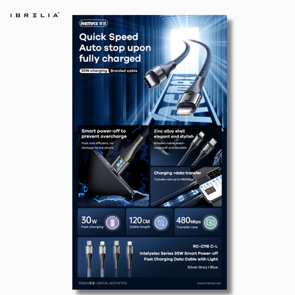 REMAX Intelyelec RC-C116 30W Smart Power-Off Cable (Type-C to Lightning) | Fast Charging for iPhone | LED Indicator | IBRELIA™