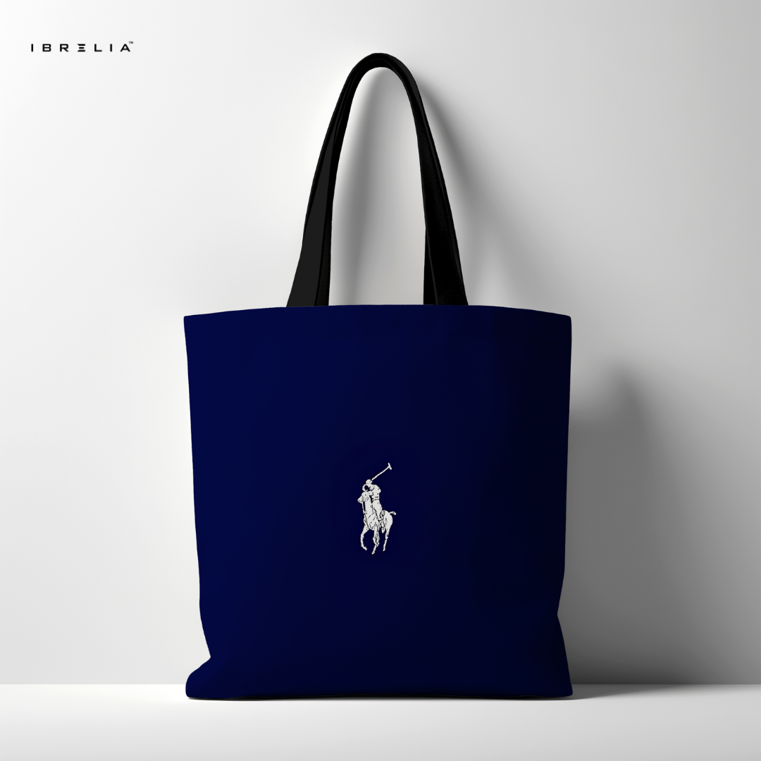 IBRELIA™ Navy Blue Classic Polo Tote Bag – Minimal Luxury Jute Tote with Velvet Handles & Inner Zip Pocket IBRELIA