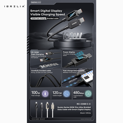 REMAX Suxien RC-C069 100W Zinc Alloy Fast Charging Cable (Type-C to Type-C) | Digital Display | 1.2M Braided Cable | IBRELIA™