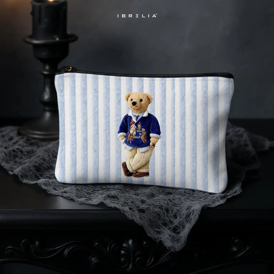 Preppy Bear Jute Pouch — Premium Makeup Bag & Pencil Case