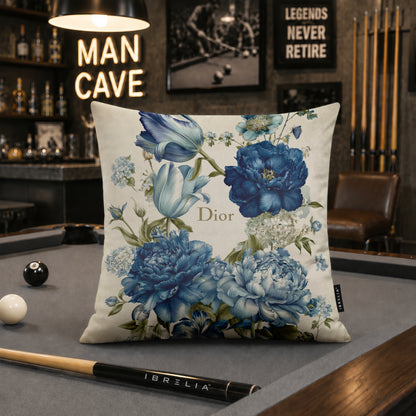 Luxury Blue Floral Designer Cushion | Premium Velvet Suede | Double-Sided Print