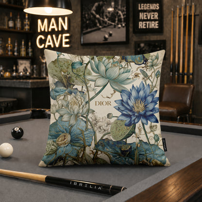 Luxury Blue Botanical Designer Cushion | Premium Velvet Suede | Double-Sided Print