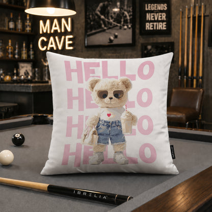 Hello Teddy Cushion | Premium Velvet Suede | Double-Sided Print