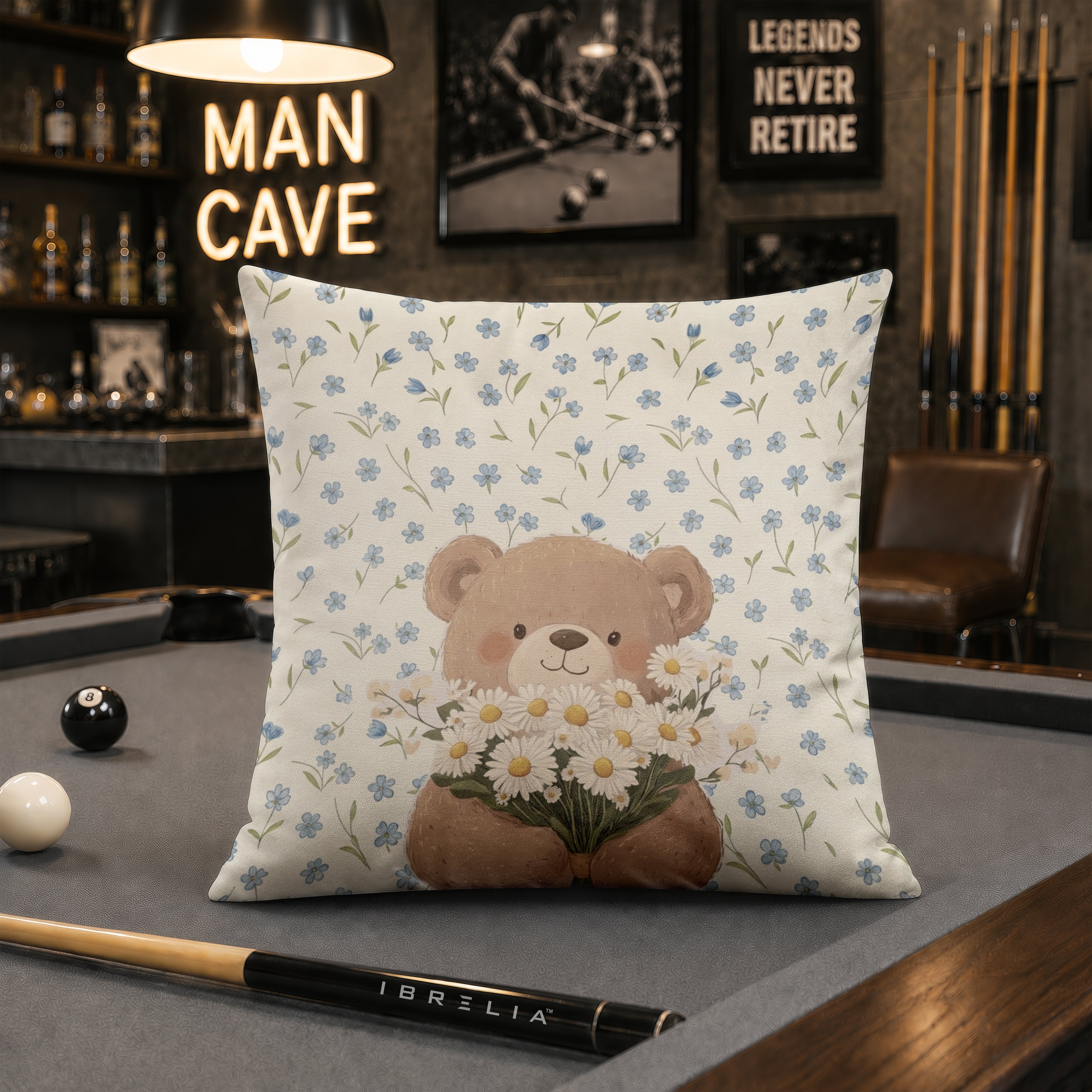Cute Teddy Bear with Daisies Cushion | Premium Velvet Suede | Double-Sided Print