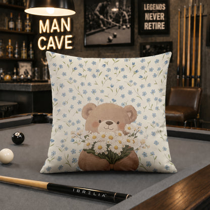 Cute Teddy Bear with Daisies Cushion | Premium Velvet Suede | Double-Sided Print
