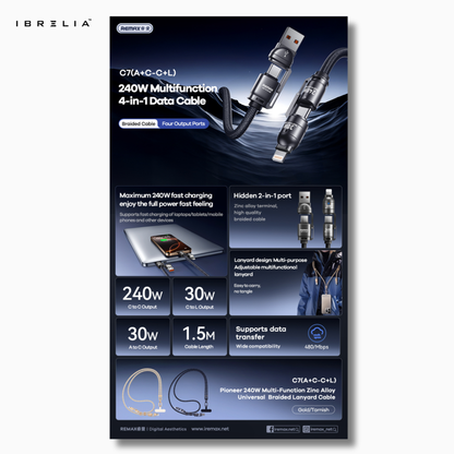 REMAX C7 Vanguard 240W 4-in-1 Lanyard Fast Charging Cable | A+C to C+L | 1.5M Zinc Alloy Braided | IBRELIA™