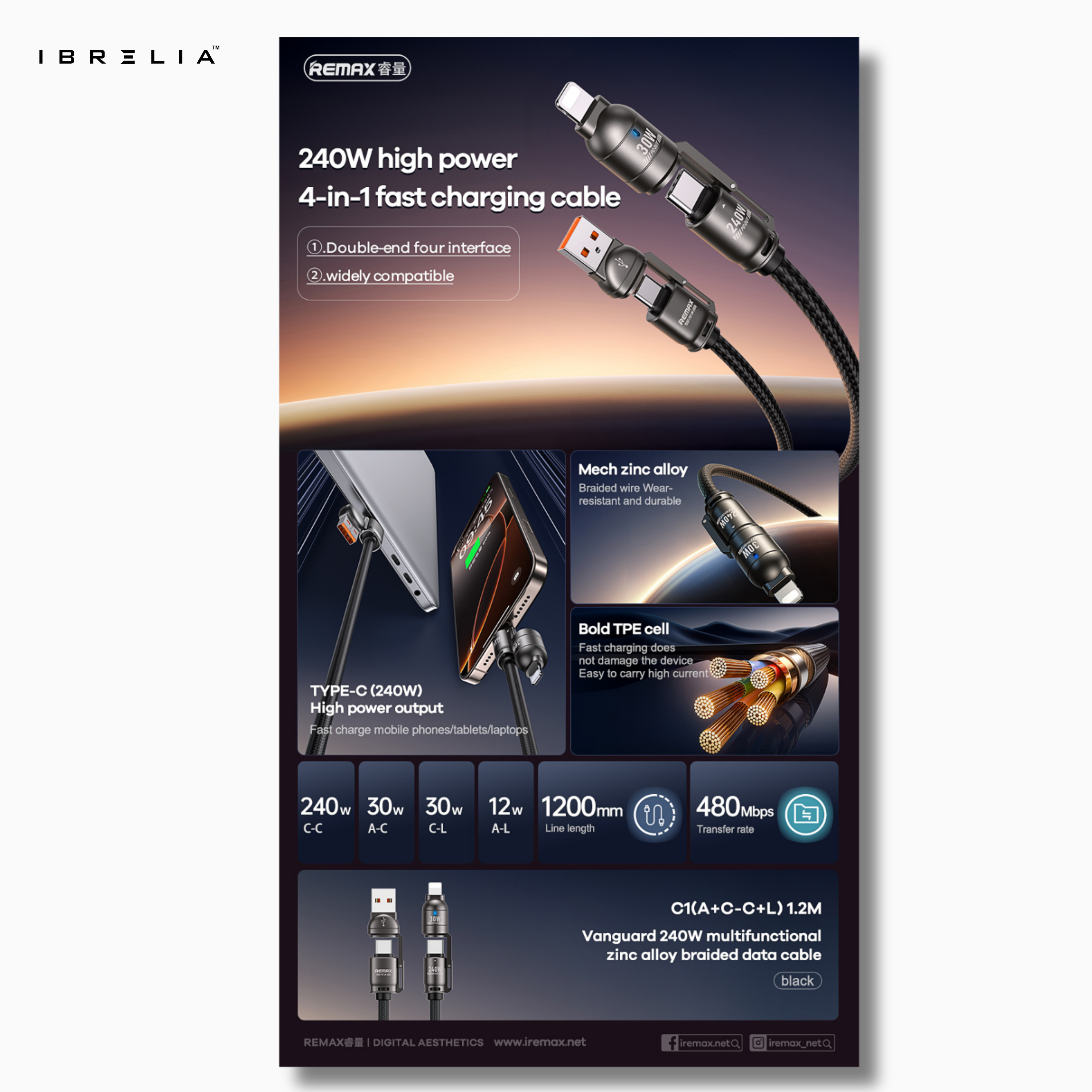 REMAX C1 Vanguard 240W 4-in-1 Fast Charging Cable | A+C to C+L | Zinc Alloy Braided | 1.2M | IBRELIA™