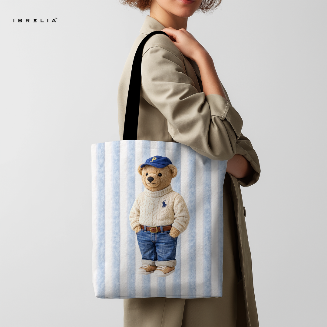 IBRELIA™ Classic Teddy Bear Tote Bag – Blue Stripe Premium Jute Tote with Velvet Handles & Inner Zip Pocket IBRELIA