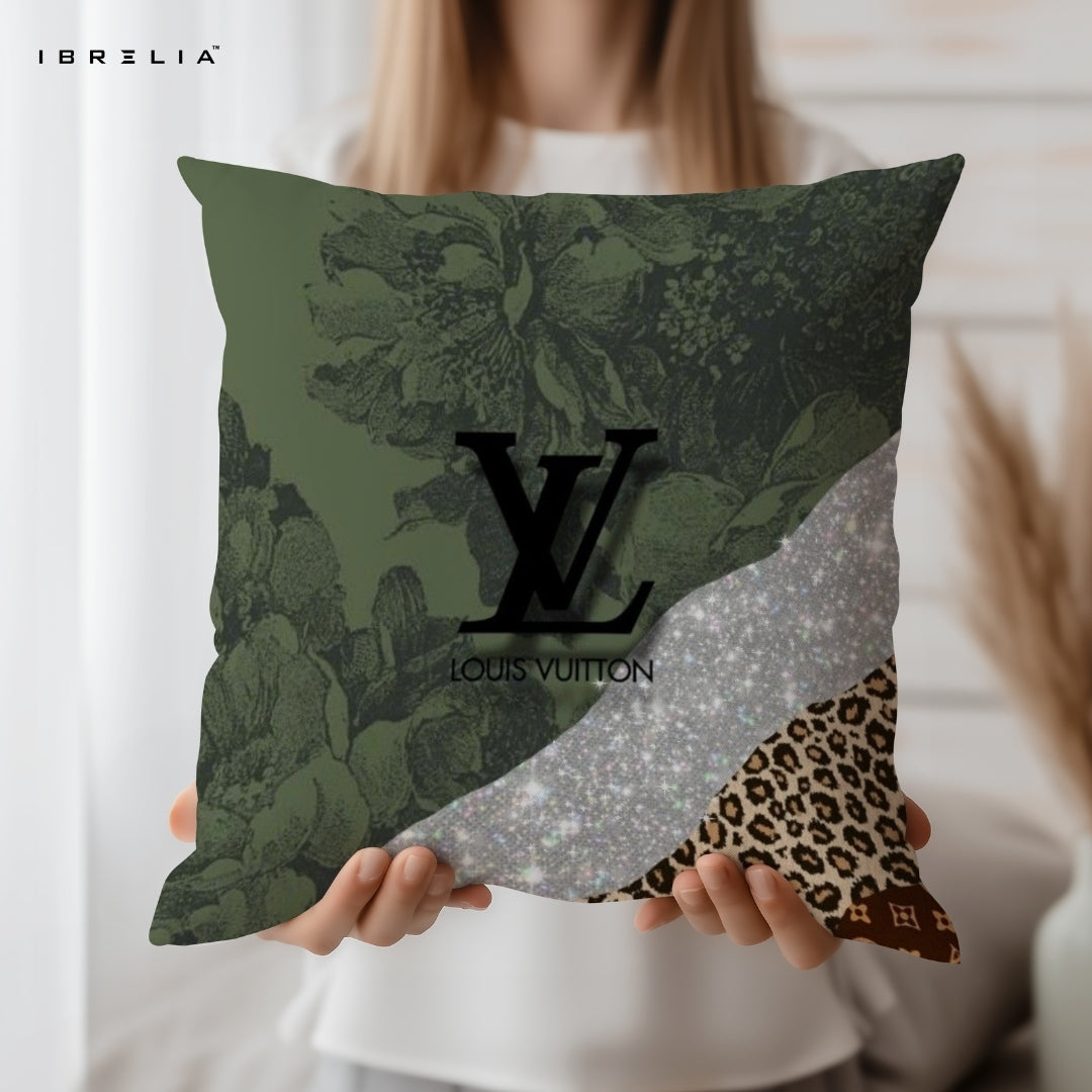 Luxury Green Patchwork Cushion 15x15 Inch | Floral & Leopard Designer Pillow | IBRELIA™ IBRELIA