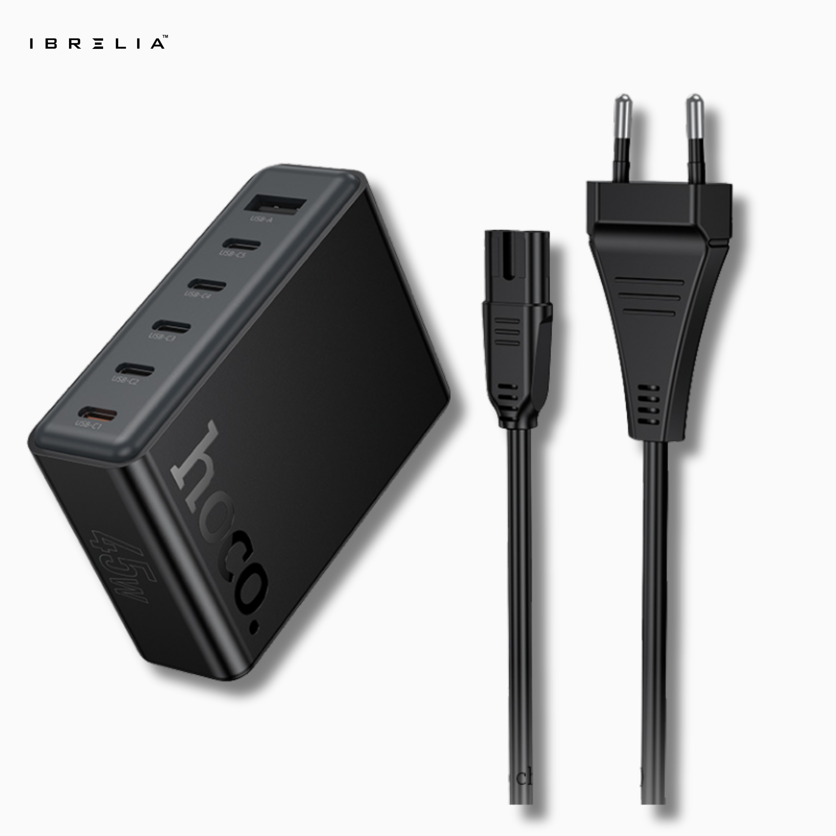 HOCO C150A Modern PD45W 6-Port Desktop Charger (5× Type-C + 1× USB-A | 45W Intelligent Balance | EU Plug) | IBRELIA™