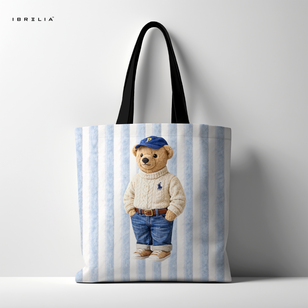 IBRELIA™ Classic Teddy Bear Tote Bag – Blue Stripe Premium Jute Tote with Velvet Handles & Inner Zip Pocket IBRELIA