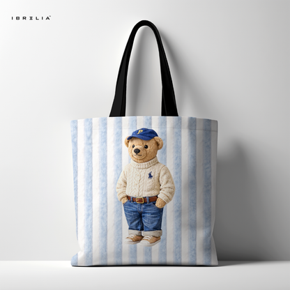 IBRELIA™ Classic Teddy Bear Tote Bag – Blue Stripe Premium Jute Tote with Velvet Handles & Inner Zip Pocket IBRELIA