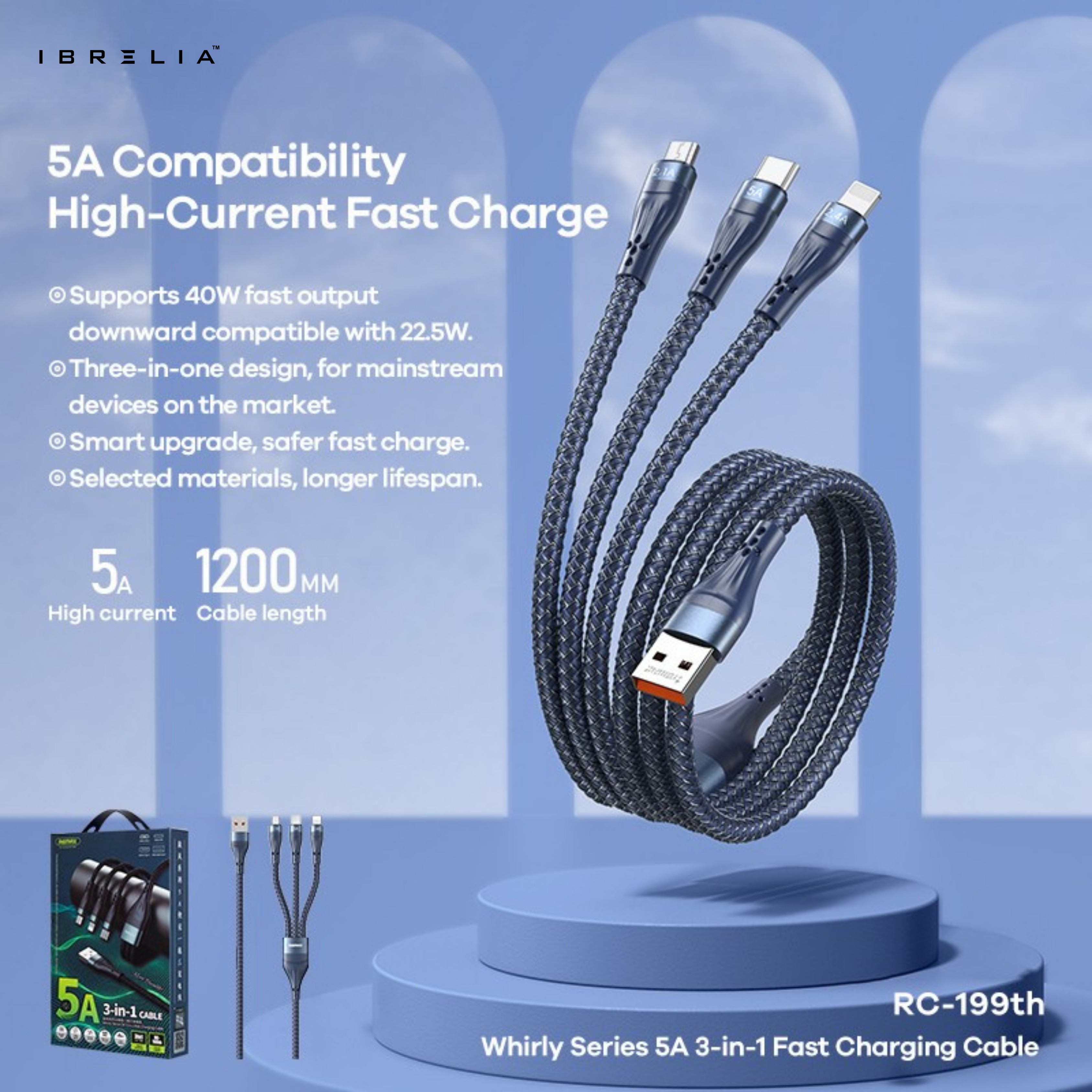 REMAX Whirly 5A 3-in-1 Fast Charging Cable RC-199th | USB-A to Type-C + Micro-USB + Lightning | IBRELIA™