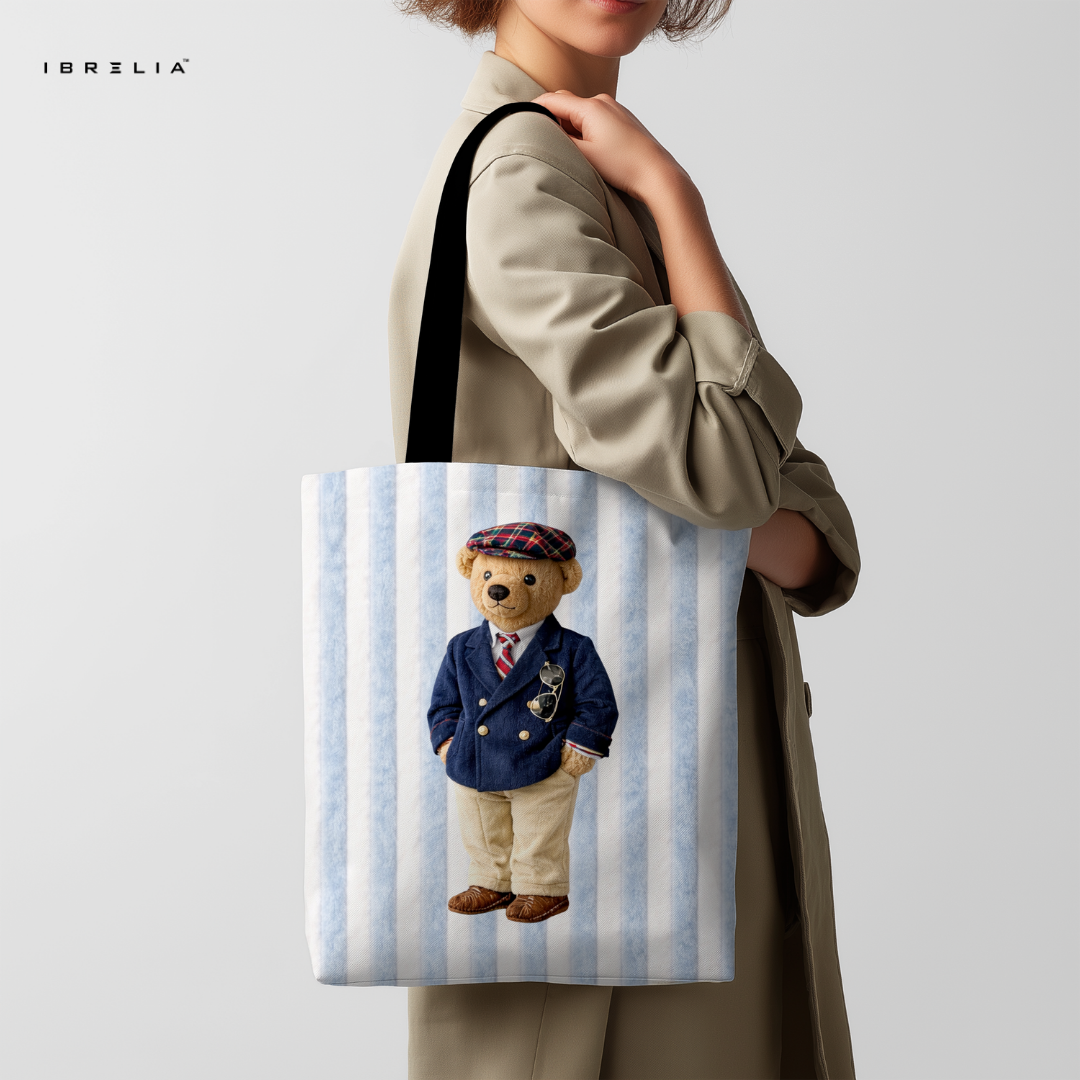 IBRELIA™ Gentleman Teddy Tote Bag – Blue Stripe Premium Jute Tote with Velvet Handles & Inner Zip Pocket IBRELIA