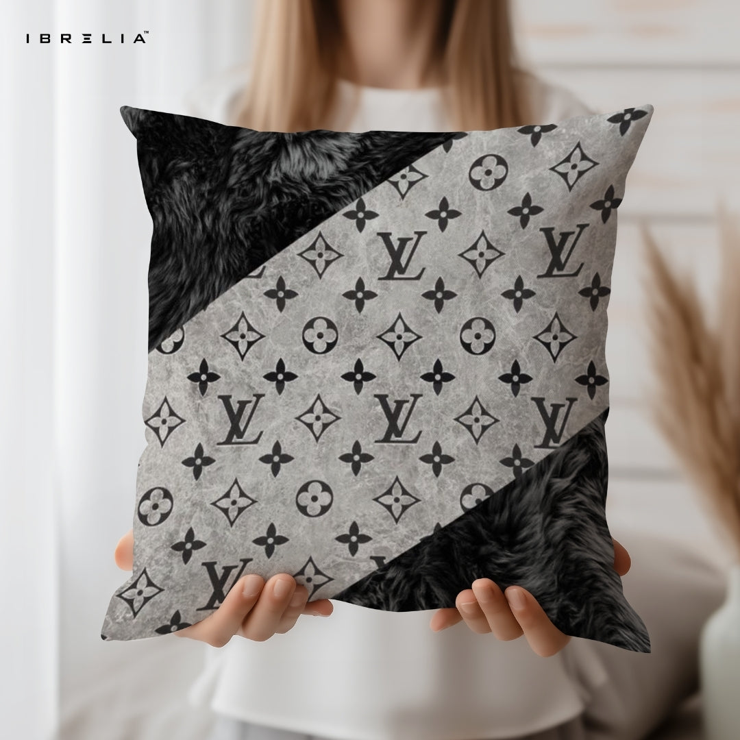 Luxury Black & Grey Patchwork Cushion 15x15 Inch | Monogram Designer Pillow | IBRELIA™ IBRELIA