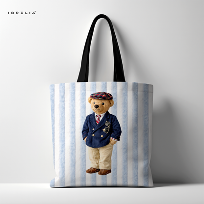IBRELIA™ Gentleman Teddy Tote Bag – Blue Stripe Premium Jute Tote with Velvet Handles & Inner Zip Pocket IBRELIA