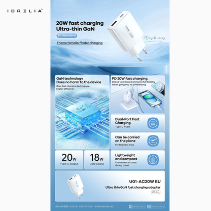 REMAX Ultra-Thin GaN 20W A+C Fast Charger RP-U01-AC (EU Plug) | IBRELIA™