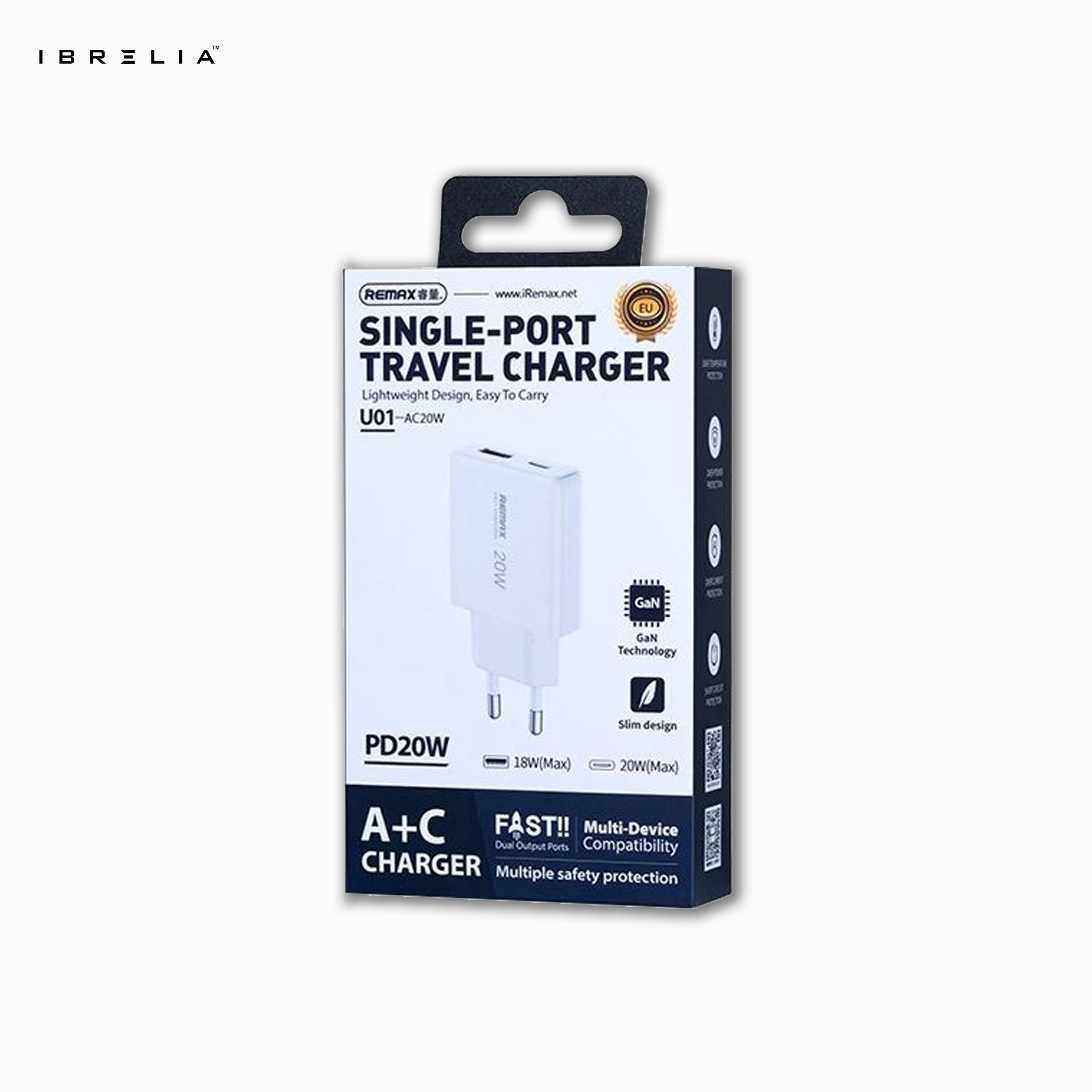 REMAX Ultra-Thin GaN 20W A+C Fast Charger RP-U01-AC (EU Plug) | IBRELIA™