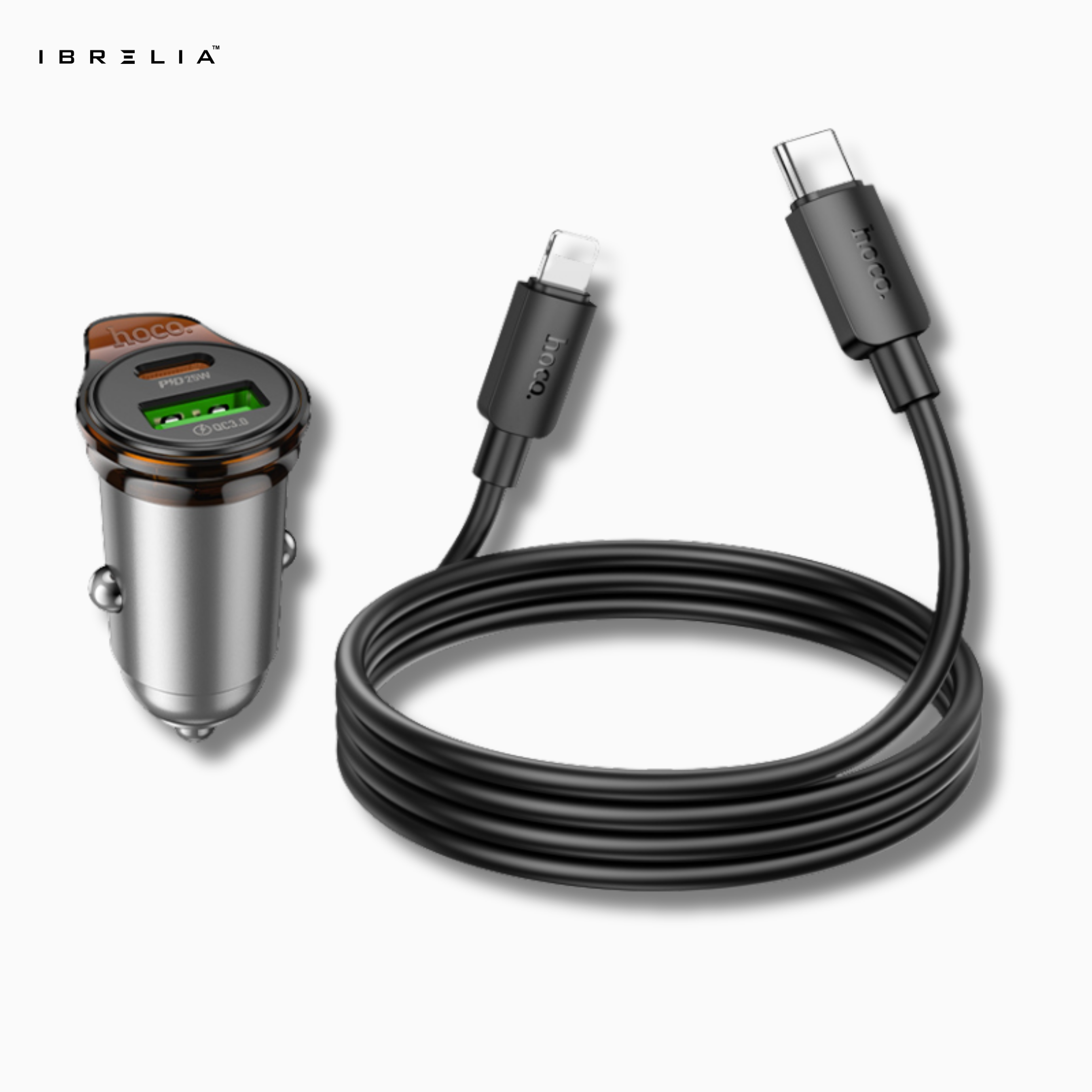 HOCO NZ16A Rigorous 43W Dual-Port PD25W + QC3.0 Car Charger Set (C to iP) | Mini Fast Charger | IBRELIA™