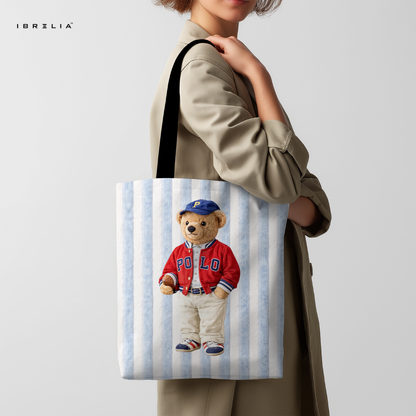 IBRELIA™ Polo Teddy Tote Bag – Blue Stripe Premium Jute Tote with Velvet Handles & Inner Zip Pocket IBRELIA