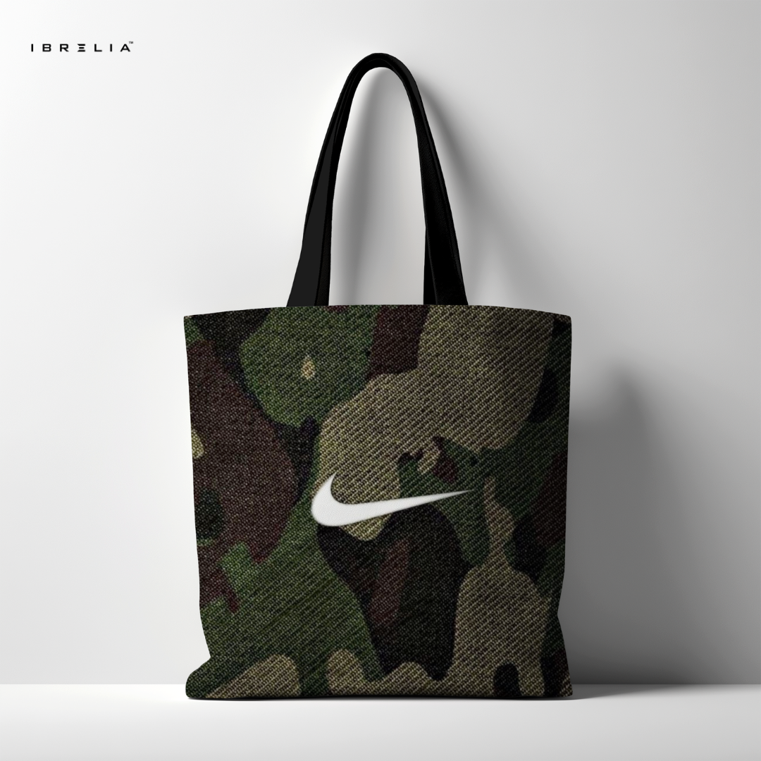 IBRELIA™ Urban Camo Premium Jute Tote Bag with Velvet Handles, Satin Lining & Inner Zip Pocket IBRELIA