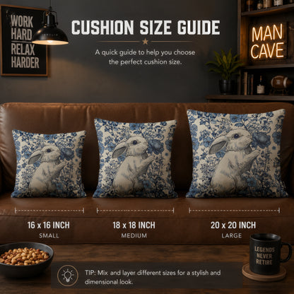 Luxury Blue Bunny Botanical Cushion | Premium Velvet Suede | Double-Sided Print