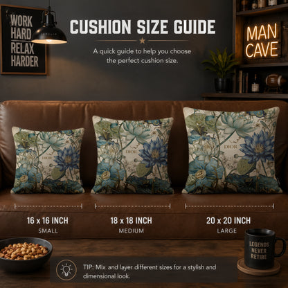 Luxury Blue Botanical Designer Cushion | Premium Velvet Suede | Double-Sided Print