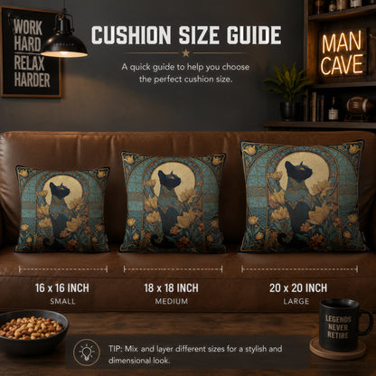 Art Nouveau Black Cat Cushion | Premium Velvet Suede | Double-Sided Print
